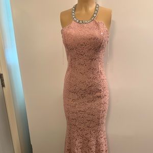 Women junior dirty pink halter lace sequins bodycon maxi dress size (S)